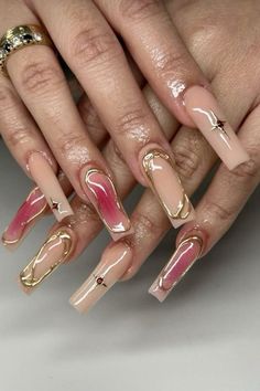 Nails Bday, Summer Pink Nails, June Nails, Simple Family Meals, Summer Acrylic, Golden Nails