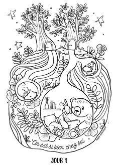 an adult coloring page with the words jour 1 and two bears in front of a tree