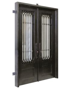 the double doors are black and have glass panels on each side, with metal bars at the top