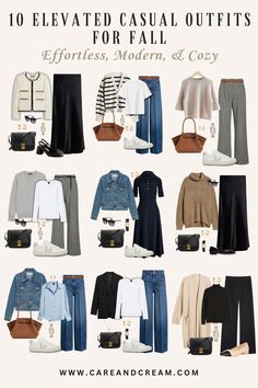 Elevated casual fall outfits for women—a curated collection of 10 autumn outfit options that combine ease with style. Get inspired by our fall fashion outfits and create your own fall outfit ideas. Boost your fall style and build a versatile fall capsule wardrobe. Discover cute, classy, and cozy everyday fall outfits; this is a must-read for anyone loving casual fall fashion. Packing Light For Autumn Travel, 10 Days Travel Outfits Fall, Cozy October Outfit, Style For Autumn 2024, Womens Fall Capsule Wardrobe 2024, Ladies Autumn Fashion 2024, 2024 Fall Winter Outfits, Versatile Outfits Capsule Wardrobe, Autumn Uk Outfit