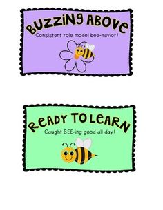 three bee themed labels with the words buzzin's above and ready to learn