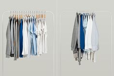 two pictures of clothes hanging on hangers in the same room, one is white and the other is blue