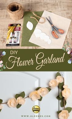 some flowers are hanging on a rope and the words diy flower garland is in front of it