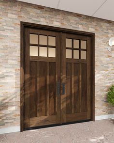 two wooden doors in front of a brick wall and potted plant on the floor