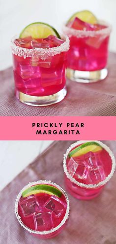 two glasses filled with pink and green drinks on top of a wooden table next to each other