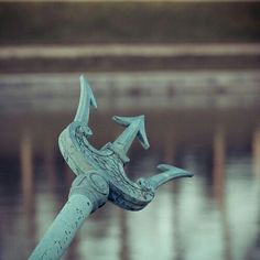 a close up of a metal object in the foreground with water in the background