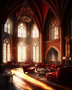 a living room filled with lots of red couches next to large windows and a chandelier