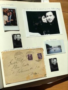 an open book with pictures and letters on it, including two men and one woman