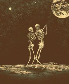 two skeletons standing on the moon with earth in the background