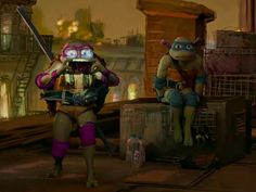 two teenage mutant ninjas are sitting on top of trash cans in a city at night