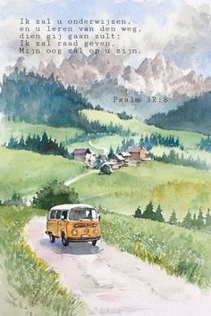 a watercolor painting of a van driving down a country road