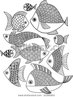 a group of fish swimming in the ocean coloring book page for adults and young children