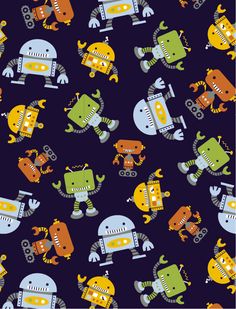 an image of robots and monsters on a dark blue background with orange, green, and yellow colors