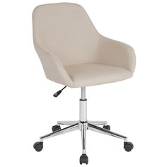 a white office chair with wheels and casteors on an isolated surface, viewed from the front