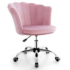 a pink office chair with chrome wheels and casteors on an isolated white background photo