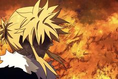 an anime character with blonde hair and black eyes, standing in front of a blazing background