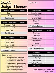 a printable budget planner is shown in pink and black, with the words'money plan