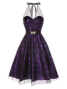 [Pre-Sale] Purple 1950s Laser Mesh Spiderweb Halter Dress | Retro Stage Purple Halloween Costumes Women, Purple Halloween Wedding, Purple Halloween Costumes, Sweet 13, Spiderweb Design, Retro Stage, Purple Homecoming Dress, Haunted Castle, Peacock Dress