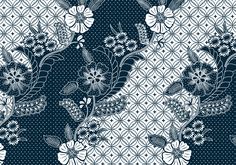 a blue and white floral pattern on a black background with polka dotes, flowers and leaves