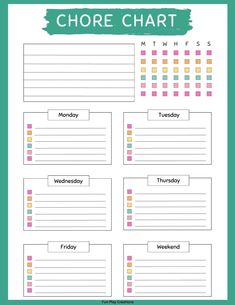 a printable chore chart with the words chore chart written in pink and green