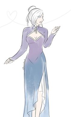 a drawing of a woman in a blue dress with her hands out to the side