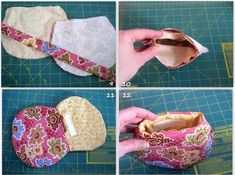 four pictures showing how to make an origami heart purse with fabric and felt