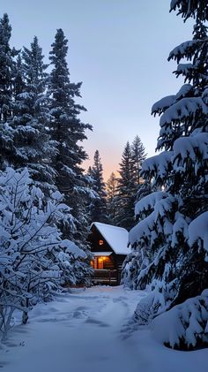 a cabin in the woods is covered with snow and lit up by lights at night