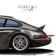 a drawing of a grey car with its door open and the word ducktail on it's side