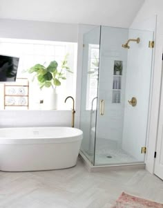 a white bath tub sitting next to a walk in shower under a bathroom window with a potted plant on top of it