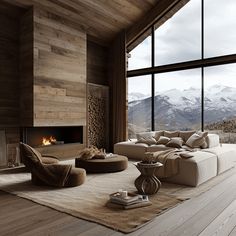 a living room filled with furniture and a fire place in front of a large window