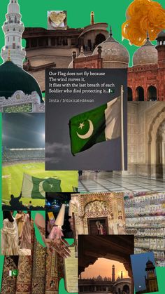 collage of images with captioning about the country's flag and architecture