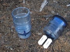 two plastic water bottles and three toothbrushes on the ground