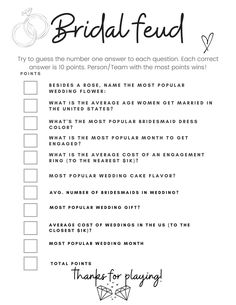 a wedding checklist with the words bridalfeud written in black on it