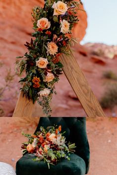 a green velvet chair with flowers on it in front of a rock formation and desert landscape