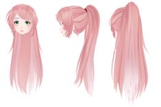 an anime character with long pink hair and green eyes is shown in three different positions