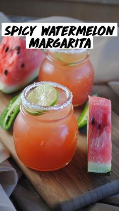 watermelon and lime margaritas on a cutting board with slices of melon