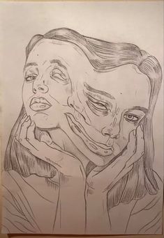 a drawing of two women with their faces covered by hands, one woman is holding her face up to the other