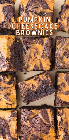 pumpkin cheesecake brownies are stacked on top of each other with the words pumpkin cheesecake brownies