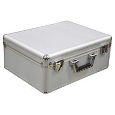 a silver suitcase with two handles and latches on the handle is shown in front of a white background