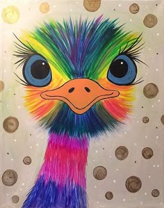 the colorful bird has big eyes and is next to some gold coins with words hi on it