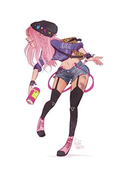 a drawing of a girl with pink hair holding a bottle and wearing short denim shorts