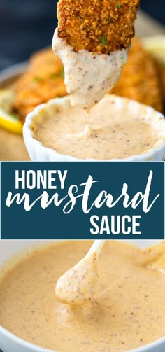 a spoon full of honey mustard sauce being lifted from a white bowl with the words honey mustard sauce on it