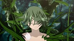 an anime character with green hair standing in front of some plants and looking at the camera