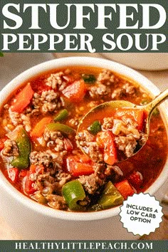 a bowl of stuffed pepper soup with a spoon in it and the title overlay reads, how to make stuffed pepper soup