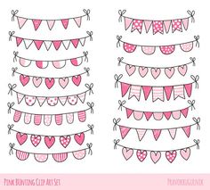 pink bunting clip art set with hearts and ribbons on white background, for valentine's day