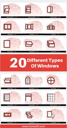 different types of windows are shown in red and white