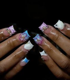 French Tip Nails Cute, Flower Nails Blue, Blue Nails French Tip, Acrylic Nails Flower, Blue Nails French, Junk Nails