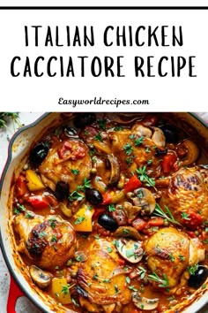 chicken cacciatore recipe in a red skillet with the title above it