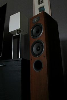 two speakers sitting next to each other in front of a tv