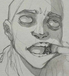 a pencil drawing of a woman with her mouth open and tongue hanging out to the side